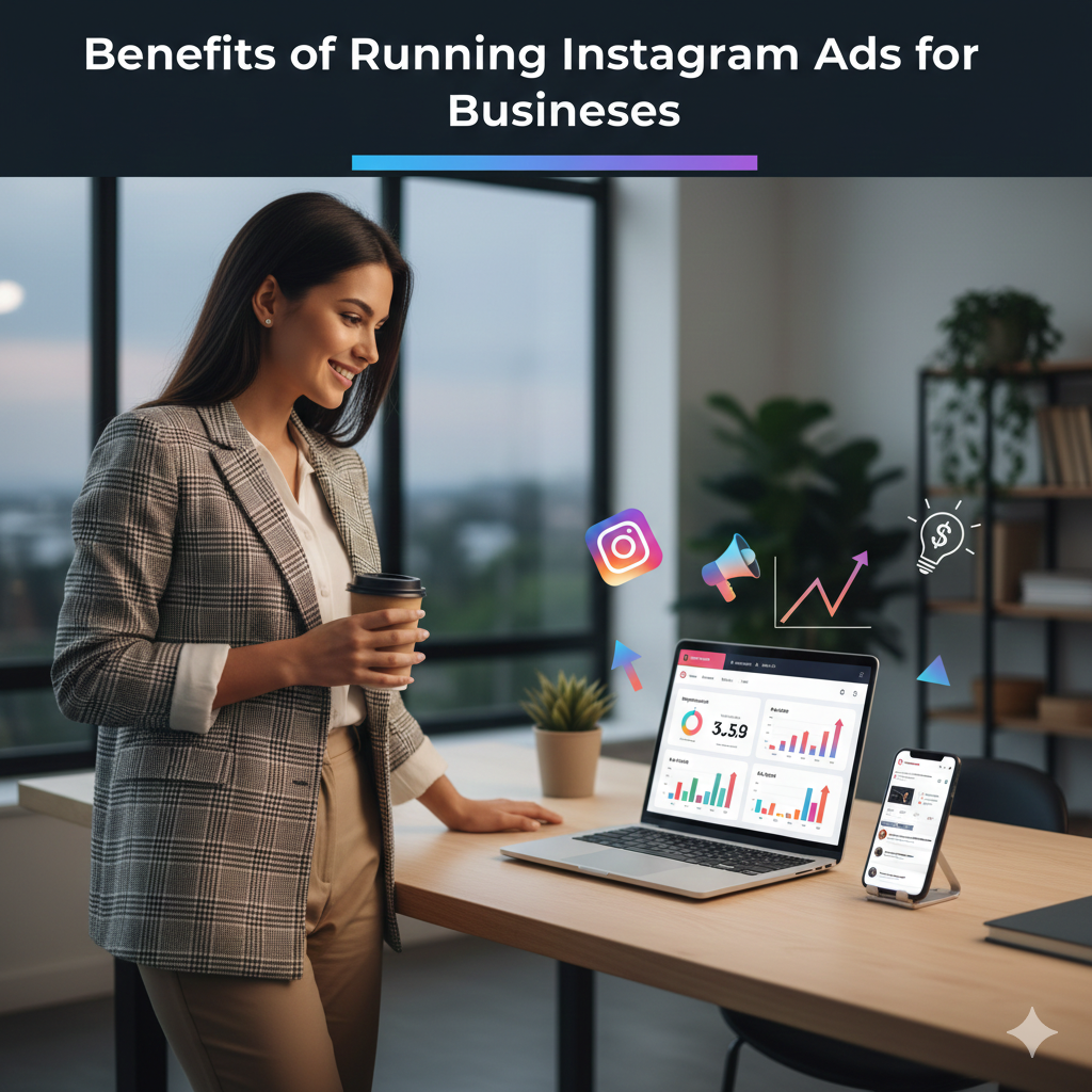 11 Proven Tips for Successful Instagram Ads (Plus Common Mistakes to Avoid) 2 A realistic business marketing scene showing a modern office environment with a laptop and smartphone displaying Instagram ads dashboard with charts, graphs, and engagement metrics. Include a confident businesswoman standing on the left, looking at the screens and smiling. Add visual elements like Instagram logo, social media icons, and upward-trending graphs to represent business growth. Style: realistic photography-style lighting, professional, modern, bright, clean, suitable for a blog article titled "Benefits of Running Instagram Ads for Businesses".